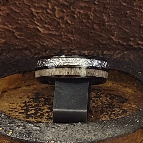 Men's Real Black Tungsten Wedding Ring Meteorite and Deer Antler Inlays - Picture 4 of 10